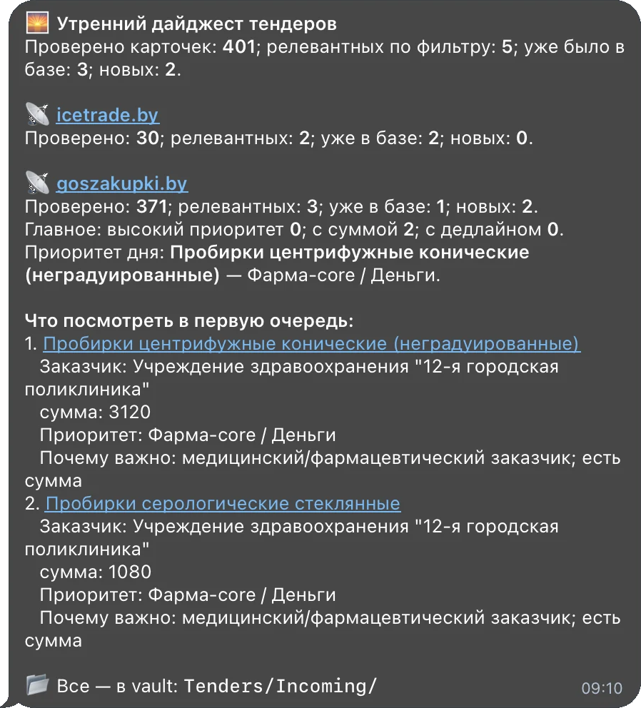 Пример подборки тендеров, собранной по правилам компании